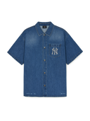 Basic Damaged Mega Logo Short Sleeve Denim Shirts