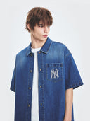 Basic Damaged Mega Logo Short Sleeve Denim Shirts