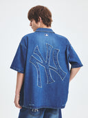 Basic Damaged Mega Logo Short Sleeve Denim Shirts