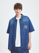 Basic Damaged Mega Logo Short Sleeve Denim Shirts