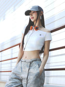 Women's Basic Small Logo Off Shoulder T-shirt