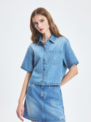 Women's Varsity Logo Cropped Short Sleeve Denim Shirts