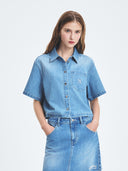 Women's Varsity Logo Cropped Short Sleeve Denim Shirts