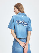 Women's Varsity Logo Cropped Short Sleeve Denim Shirts