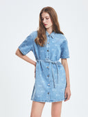 Women's Classic Random Monogram Jacquard Short Sleeve Denim Dress