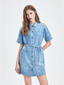Women's Classic Random Monogram Jacquard Short Sleeve Denim Dress